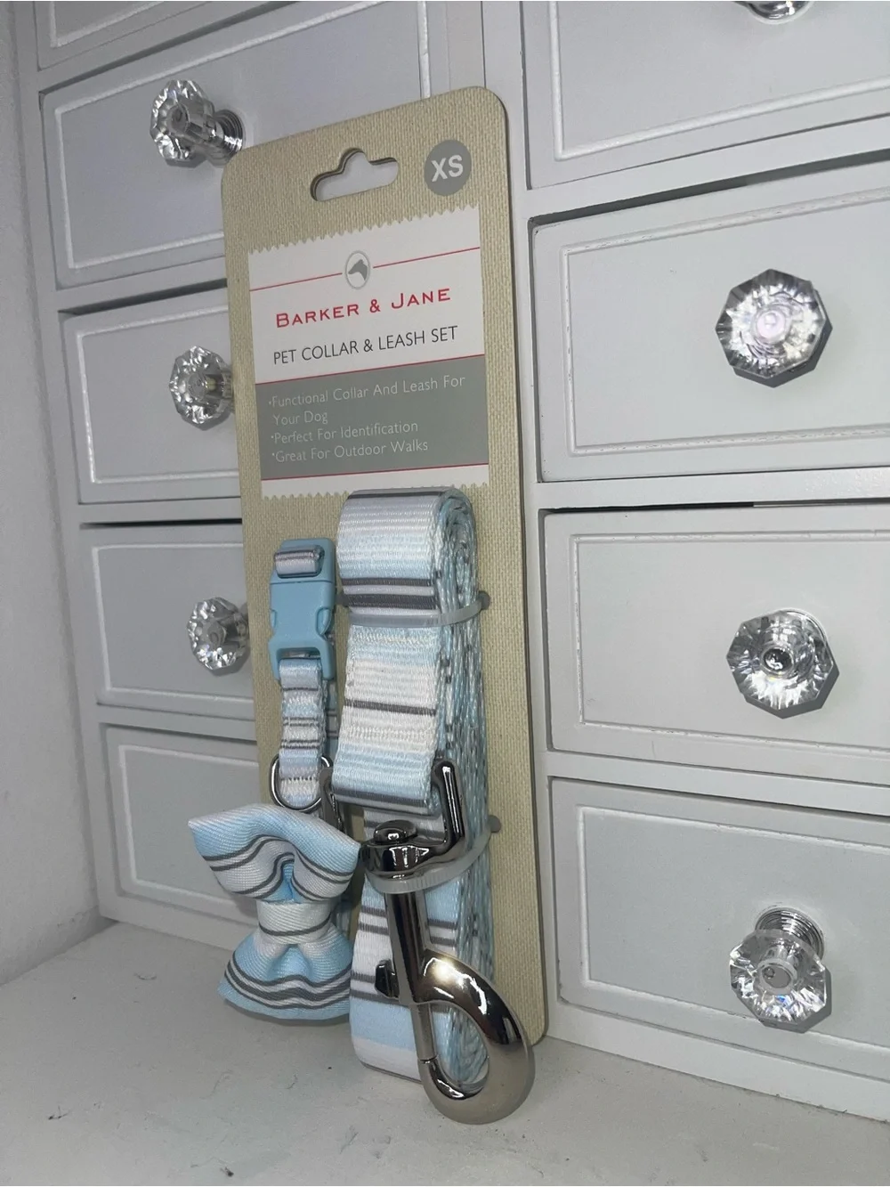 NWT Barker & Jane XS Pet Collar & Leash Set - Light Blue Stripe